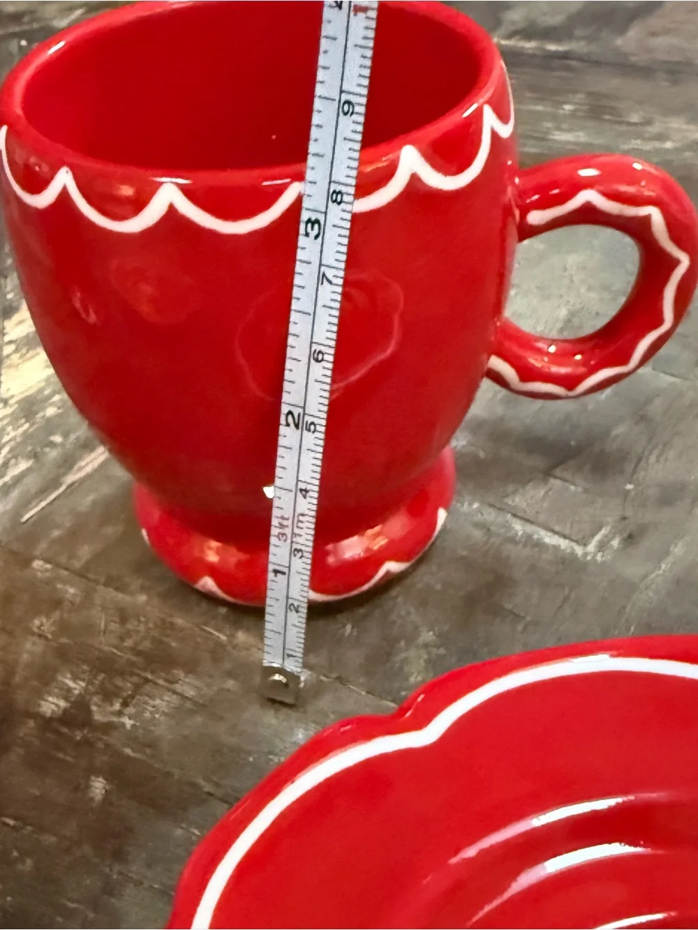 Damson Madder Stoneware Espresso Cup & Saucer 2 Sets Red with White Trim NIB
